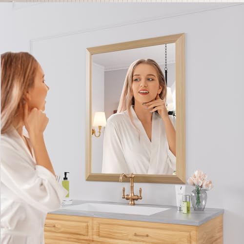 Amorho Bathroom Mirror, 28 X36 Inch Wall Mirror, Oak Wood Grain Metal Framed, Anti-Rust, Hang Horizontally/Vertically, Suitable for Bedroom, Farmhouse, Bathroom, Decorative