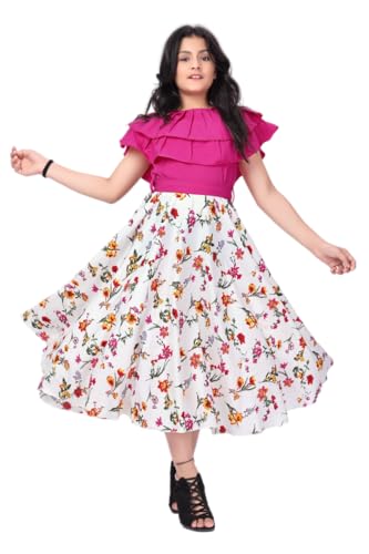 Image of Aarya Girl's Ruffle Neck Printed Midi Length Dresses