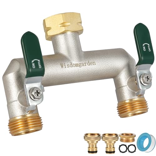 Wasserverteiler 2fach, 2 Wege Verteiler Wasser, Vernickelt Messing Wasserhahn Verteiler, Garten Verteiler 2 Wege mit Grün Griffen, 3/4 Zoll Robustheit Sechskantverbindung-Adapter 1/2 Zoll