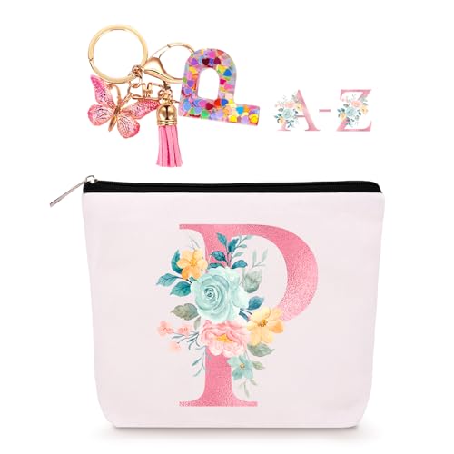 Personalized Makeup Bag with Initial Keychain, Custom Cosmetic Bag (P)