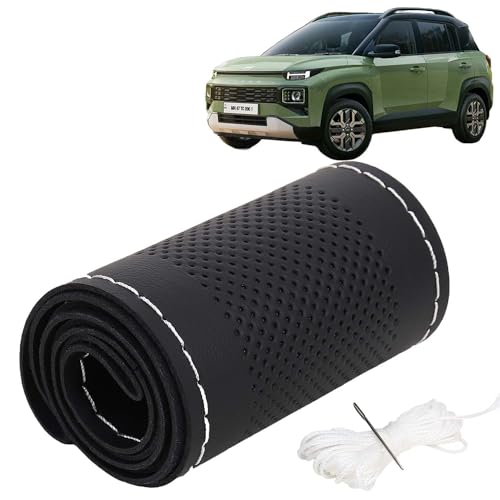 Image of KINGSWAY PU Leatherite Car Steering Cover Sewable Compatible with Hyundai Exter (Year 2023 Onwards), Black Color with Silver Thread, Pack of 1 with Sewing Needle and Thread