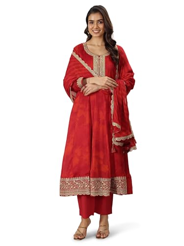 Image of Libas Women Red Printed Silk blend Anarkali Kurta Set for women | ethnic wear | bridal suit | occasion wear