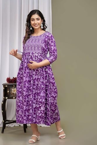Image of Maternity Feeding Kurtis for Women Cotton - Zip Access Nursing Dress | Comfortable Pregnancy Wear | Stylish Feeding Kurti | Soft Cotton Maternity Dresses for Womens