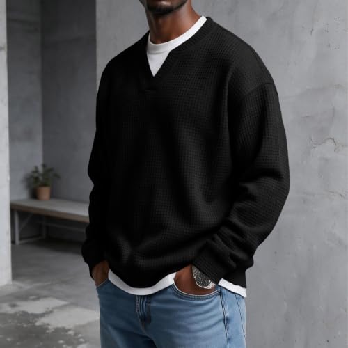 Layered Comfort Waffle Tea for Men Long Sleeve V Neck Fall Casual Shirts - image 3
