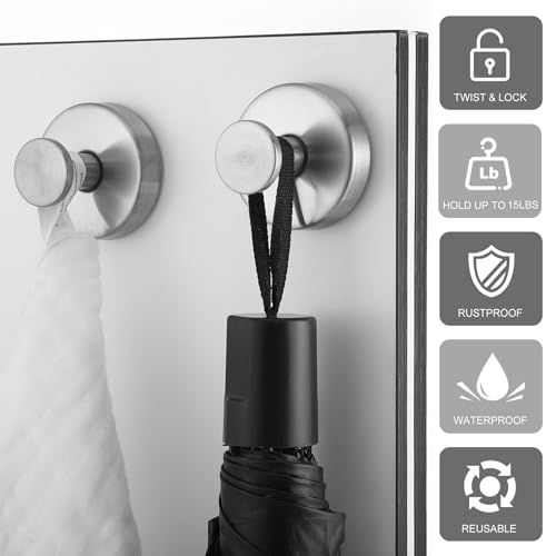 Image of Suction Cup Hooks, 2 Pack Silver Stainless Steel Suction Hooks for Shower | No-Drill, Reusable Removable, Towel Hook Holders for Bathroom Kitchen, For Smooth Surfaces Like Tile, Glass, Mirror