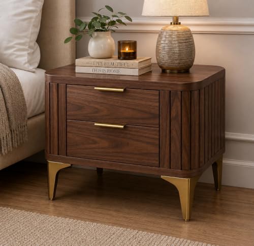Image of Solid Sheesham Wood Bedside Table for Bedroom & Livingroom | Nightstand End Table with 2 Drawers Storage for Home | Modern & Luxury Design| (Walnut Finish 1)