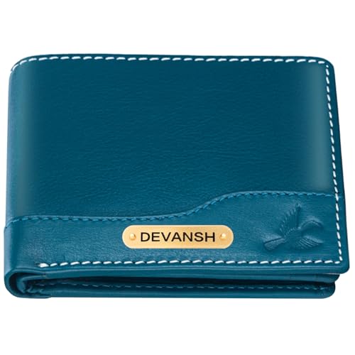 Image of HORNBULL Men's Personalized Wallet I Customized Slim Stylish Leather Purse with Name I Unique Birthday Gift for Men Boy Love Husband (Aqua)