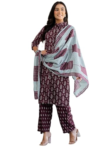 Sanisa Women's Rayon Printed Straight Kurta With Pant And Dupatta Set (238Kbd2520N-Xxl_Wine & Grey)