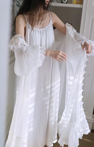 Victorian Nightgown Robe Set for Womens 2 Piece Cotton Built-in Bra Slip Dress Lace Collar Bathrobe4