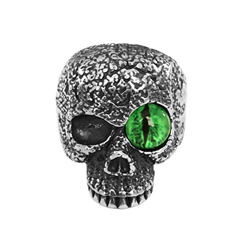 TIANYI Men's Stainless Steel Green Eye Skull Ring Band Vintage Gothic Biker Punk Rock Silver Black