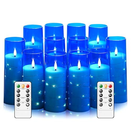 Image of Sasigeiaa Flameless Candles with Embedded Star String - Battery Operated LED Candles, with Remote,12 Blue Flickering Candles for Christmas, Weddings, Home Decor & Party,(D 2.3 inchxH 5 inch 6 inch 7 inch)