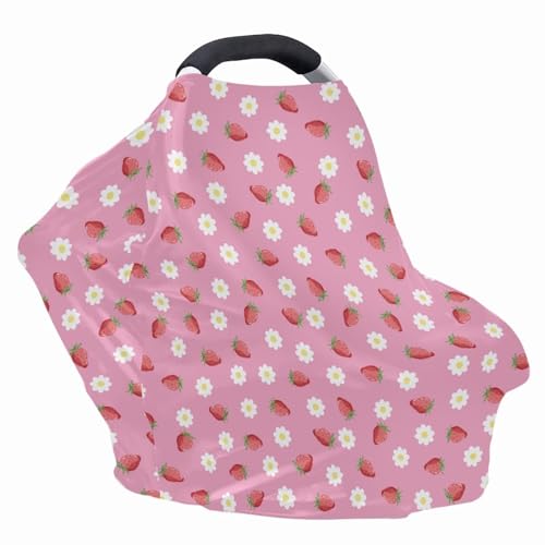 Image of Carseat Cover for Babies, All Weather Breathable Infant Carseat Cover Lightweight Baby Carrier Cover for Girls Boys, Strawberry Daisy