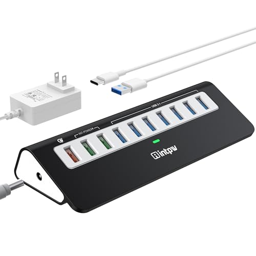 Powered USB Hub 10Gbps, 10 Port USB 3.2 Gen 2 Hub with 7 USB 3.2 Data Ports, 3 Fast Charging Ports, 36W Power Adapter, Type A and Type C Cable, Aluminum USB Data Hub for Mac, PC, Laptop
