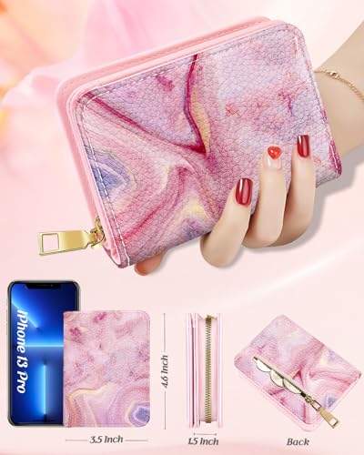 Image of Bistup Leather 12 Slot Accordion Card Holder Wallet, Pink Marble | Accordion Storage, Zipper Around Closure, Compact Patterned Wallet for IDs, Cards, Cash, Daily Carry and Gifts