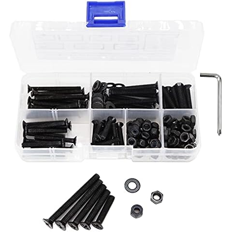 binifiMux 180pcs M4 x 20mm/ 25mm/ 30mm/ 35mm/ 40mm Black Flat Phillips Head Screws Hex Nuts Self Lock Nuts Flat Washers Assortment Kit, Carbon Steel Grade 4.8 Cover