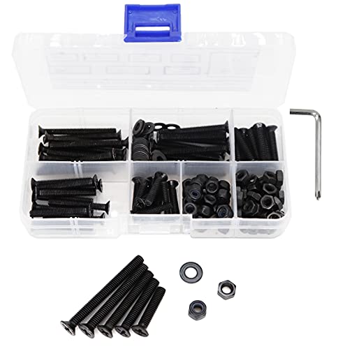 180pcs M4 x 20mm/ 25mm/ 30mm/ 35mm/ 40mm Black Flat Phillips Head Screws Hex Nuts Self Lock Nuts Flat Washers Assortment Kit, Carbon Steel Grade 4.8
