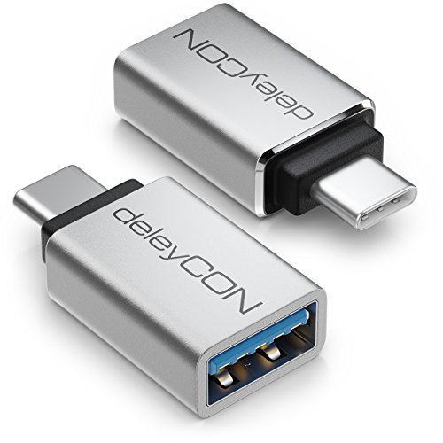 deleyCON Adaptador USB C a USB 3.0 (2 Piezas)   Adaptador OTG Móvil 5 Gbit/s Thunderbolt 3/4 para iPhone 16 15, Galaxy S25/S24/S23, MacBook, iPad, iMac, Surface, Portátil, PC, Portátil, Tableta, Plata