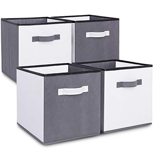 JS HOME 11 inches Storage Cubes, Two-Sided Design Foldable Fabric Storage Cubes, Cloth Storage Bins for Cube Storage, Storage Baskets with Handles, Grey&White, 4-Pack, 11 x 11 x 11 inches