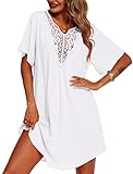 Supnier Swim Cover Up for Women Bathing Suit Swimsuit Beach Coverups Crochet V Neck Mini Dress White M