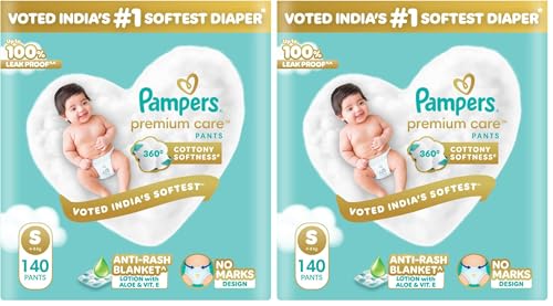 Image of Pampers Premium Care Diaper | Pant Style Baby Diapers Small Size, 140 Count | 360 Cotton Softness Diaper |Anti Rash Diaper with Aloe Vera and 100% Leak Proof Protection | (70 Count, Pack of 4)