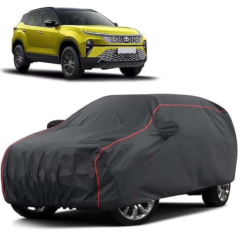 Image of Sulfar 100% Water Resistant Car Body Cover Compatible with Mirror for Tata Harrier (Triple Stitched, Full Bottom Elastic, Dark Grey Taffeta with Red Piping)