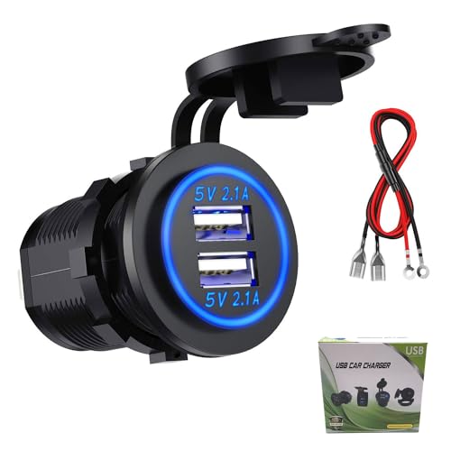 Kibon Auto USB Steckdose Kfz Ladegerät Buchse 12V/24V Wasserdicht Dual Ladebuchse mit 23,6-Zoll-Kabel Doppelte Ladeanschlüsse für 12-V-Wohnmobil-Boot-Motorrad-Mobil