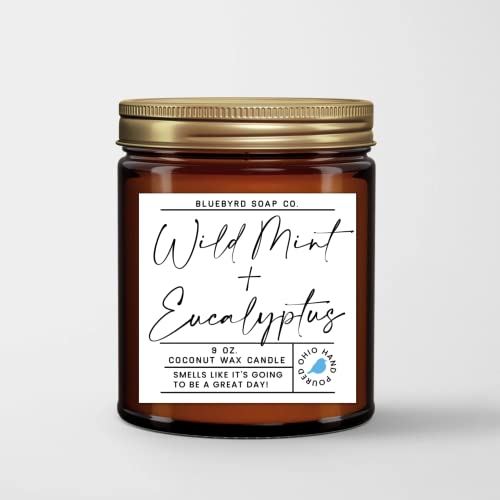 Bluebyrd Soap Co. Wild Mint + Eucalyptus Candle 9oz | Aromatherapy Candle | Eucalyptus Spearmint Stress Relief Candle | Vegan + Non Toxic Strong Scented Coconut Wax Candle (Wild Mint, 9oz)
