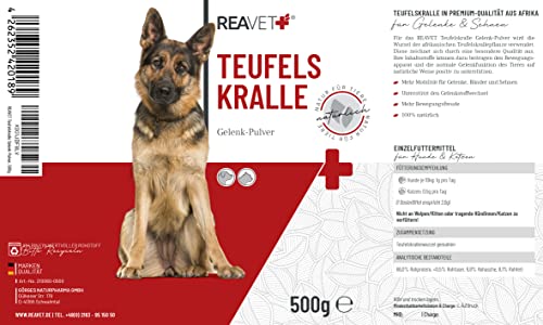 ReaVET Afrikanische Teufelskralle für Hunde & Katzen 500g - Teufelskrallen Pulver für Sehnen & Bänder, Gelenkpulver zur Unterstützung der Beweglichkeit & Gelenkfunktion
