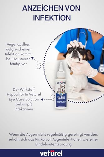 Veturel Augenpflege-Lösung für Katzen und Hunde | 100 ml Beruhigt Augeninfektionsallergie, lindert trockene Augen, rosa Augen, Tränenfleckenentferner Tropfen für Hunde | Kätzchen- und Welpenpflege