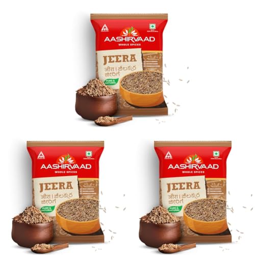 Image of Aashirvaad Jeera, Aromatic Whole Spice, Thick, Tall & Whole Seeds, Dark Brown, 100% Pure, Dust Free & Hygienically Packed, 100g Pack (Pack of 3)