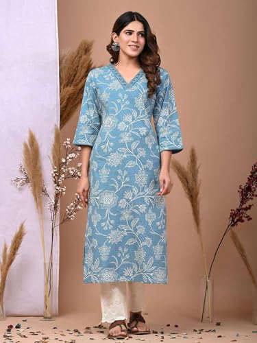 Image of Rimeline Women's Cotton Printed Kurta with Embellished V-Neck Design | Straight Fit Ethnic Wear for Office, Casual & Daily Use