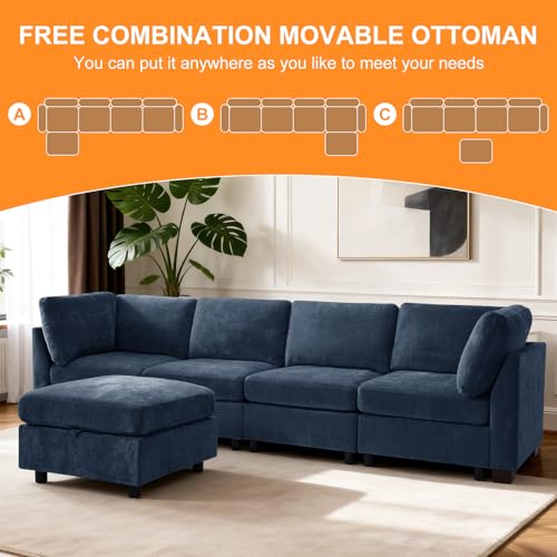 Image of TEKAMON 122 inch L Shaped Modern Sofa Modular Sectional Couch with Ottoman, 5-Seat Chenille Deep Seat Sofa for Living Room, Bedroom and Apartment, Blue