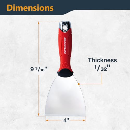 Image of POWERTEC 4-Inch Stainless Steel Drywall Joint Knife - Flexible Blade, Soft Grip, for Patching, Taping, Scraping (72172)