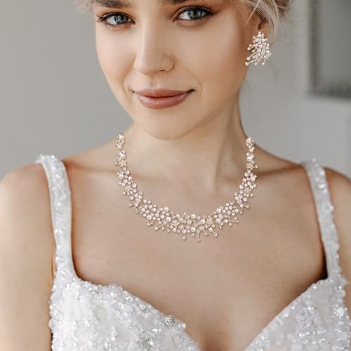 Image of White Faux Pearl Leaf Vine Bridal Cubic Zirconia Jewelry Set for Women