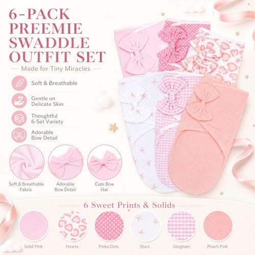 Image of Ramede 6-Pack Preemie Baby Swaddle Blankets with Hats, Breathable 100% Cotton Baby Swaddles, Suitable for Preemie Babies and Newborns, Soft Cotton, Adjustable(Bow,Soft Pink)