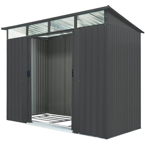 Pergart Gerätehaus Lübeck 86' Holzoptik, Anthrazit & Grün | 4,05 m² mit Pultdach & Lichtband | Aus verzinktem Stahl | Abschließbare Schiebetüren | Wetterfest & Stabil