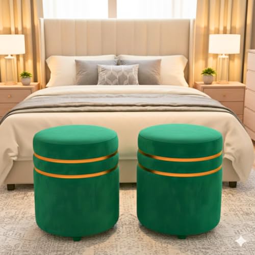 Image of Decorative Ottoman Pouffes for Sitting - Two-Piece Set of Puffy Stools and Footstools - Round Ottoman Stool for Living Room Furniture (Green)