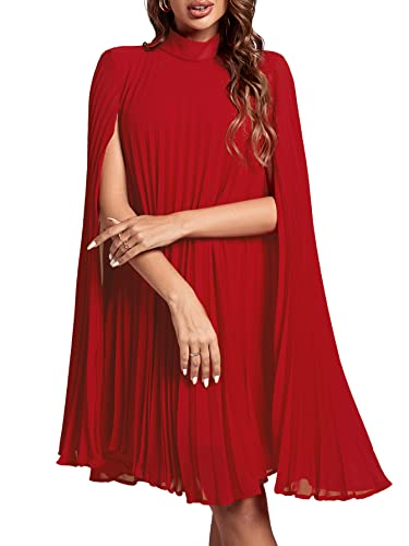 Rooscier Vestido midi de fiesta con cuello alto y manga tipo capa, plisado y espalda con abertura en la espalda, Rojo sólido, Large