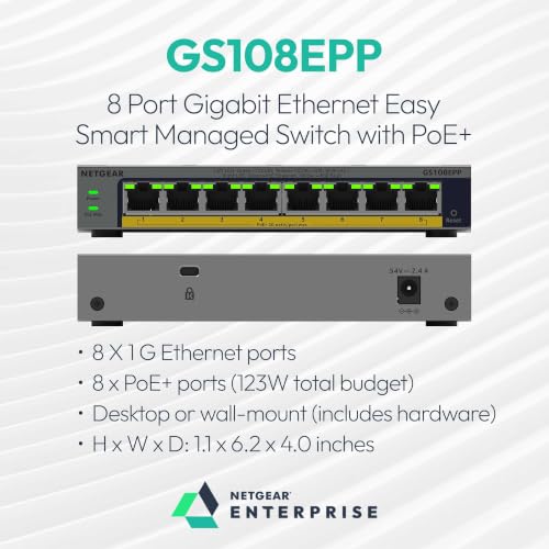 Image of NETGEAR 8-Port Gigabit Ethernet PoE+ Easy Smart Managed Switch - with 8 x PoE+ @ 123W, Fanless, Desktop or Wall Mount (GS108EPP)