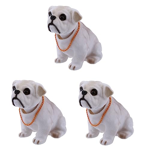 3 Bouledogues Blanc et Gris Clair à Tête Branlante pour Décoration de Voiture