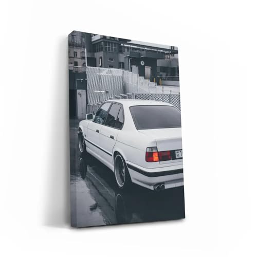 E34 BMW classic White Car Car Poster Canvas Print Wall Art [Canvas Framed 30x20 inch]