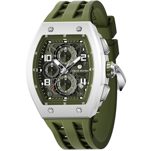 Image of TSAR BOMBA Mens Luxury Watch Watches for Men 50M Waterproof Japanese Quartz Movement Tonneau Stainless Steel Case Sapphire Glass with Chronograph Date Function Cool Unique Fashion Gift
