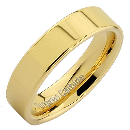 Tungsten Carbide Flat Pipe Cut 5mm Mirror Polished, Gold or Rose Gold Wedding Band COMFORT FIT Ring