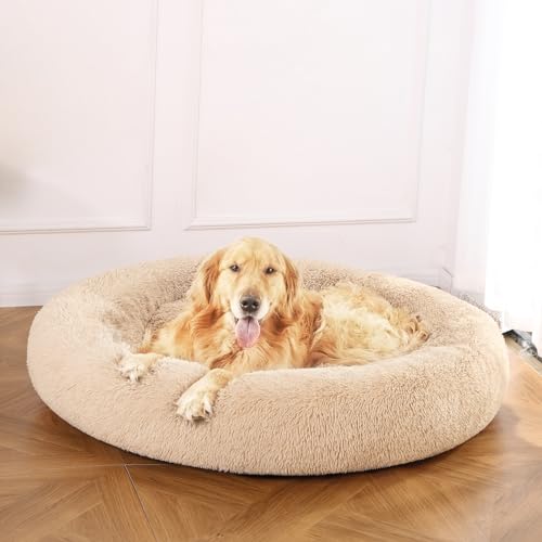 Image of Amazon Basics Washable Donut Pet Bolster Faux Fur Bed with Removable Cover, Anti-Slip Bottom for Dog, Beige, 45 inch x 45 inch