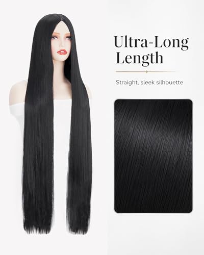 Image of Rose bud Wednesday Morticia Wig Black for Anime Costume Halloween Cosplay Party 40 Inch Long Straight Cosplay Black Wig for Women