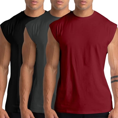 3 Pack Herren Fitnessstudio Tank Tops Workout ärmellose T-Shirts Athletic Muscle Tank Training Bodybuilding Tee Shirts Schwarz/Dunkelgrau/Rot-14-L