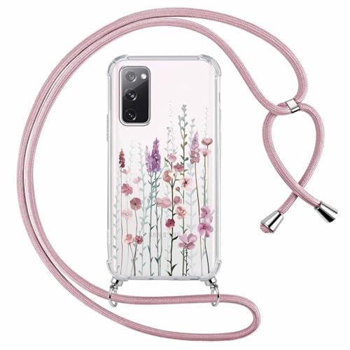 Yoedge Handyband Handyhülle für Samsung Galaxy S20 FE(4/5G) 6 5 Hülle mit Band Silikon TPU + PC Stoßfest Schutzhülle mit Kordel zum Umhängen Durchsichtig Case mit Aesthetic Muster Blumen 3