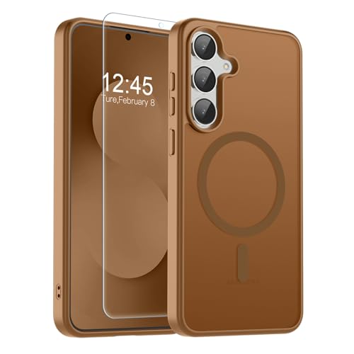 Image of SUPFINE Magnetic for Samsung Galaxy S25 FE Case with Screen Protector, (Built-in Magnets) (Military Grade Drop Protection) Slim Translucent Shockproof Phone Case,Brown
