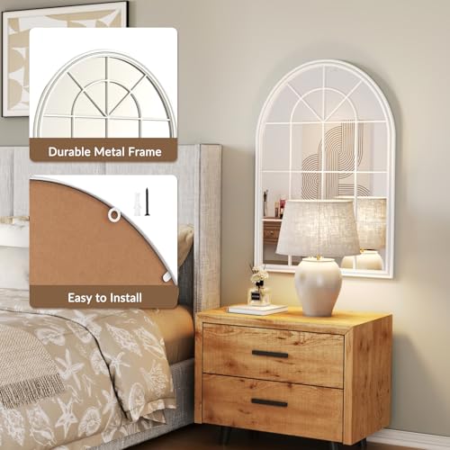 Image of Window Mirrors for Wall Decor - Large Farmhouse Arched Window Pane Mirror Decor Living Room,Ideal Wall Mounted Mirror for Entryway, Fireplace, Dining Room,Bedroom,36 inchX24 inch White Metal Framed