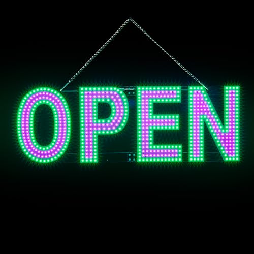 Image of Large LED Open Signs for Business Super Bright - 30x10 in Dimmable Plug-in Electric Neon Sign with Hanging Chain, Flashing Light Signs for Big Window Bar Cafe Salon Barber Shop Pink /Green